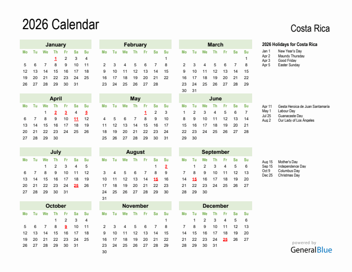 Holiday Calendar 2026 for Costa Rica (Monday Start)
