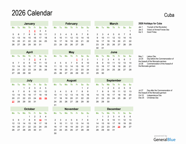 Holiday Calendar 2026 for Cuba (Monday Start)