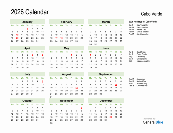 Holiday Calendar 2026 for Cabo Verde (Monday Start)