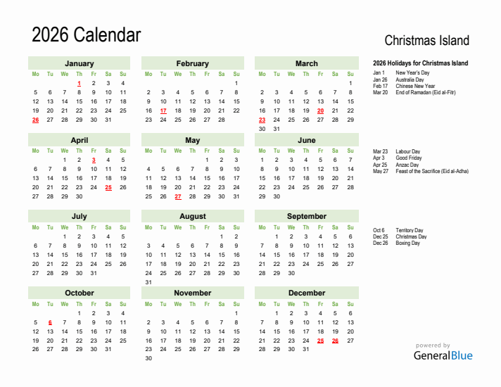 Holiday Calendar 2026 for Christmas Island (Monday Start)