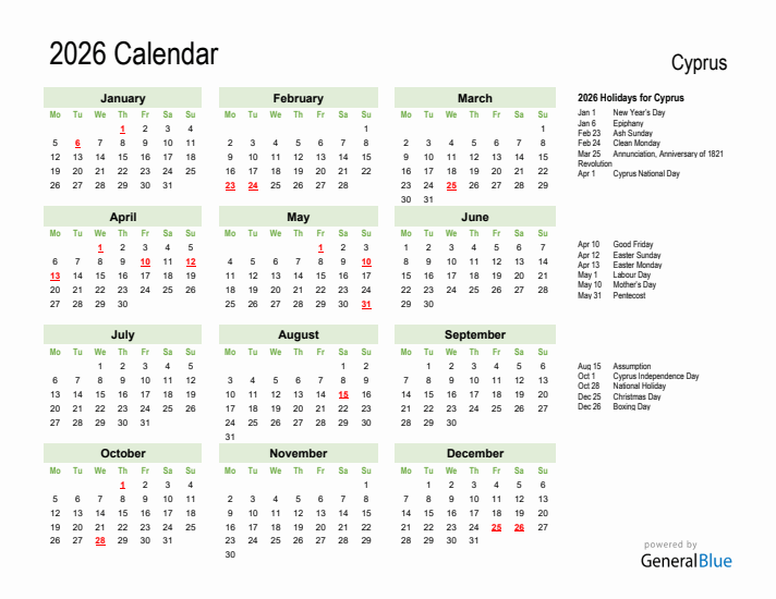 Holiday Calendar 2026 for Cyprus (Monday Start)