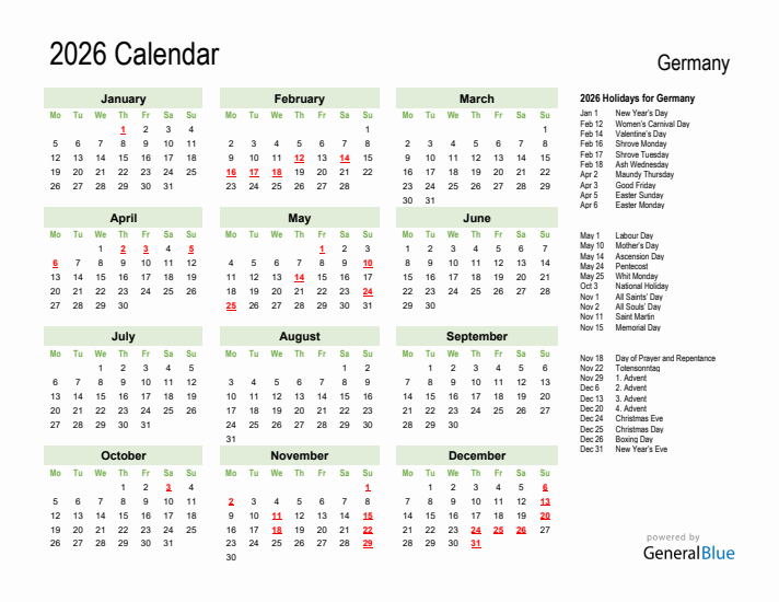 Holiday Calendar 2026 for Germany (Monday Start)