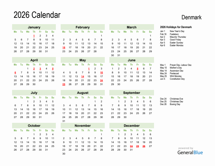 Holiday Calendar 2026 for Denmark (Monday Start)