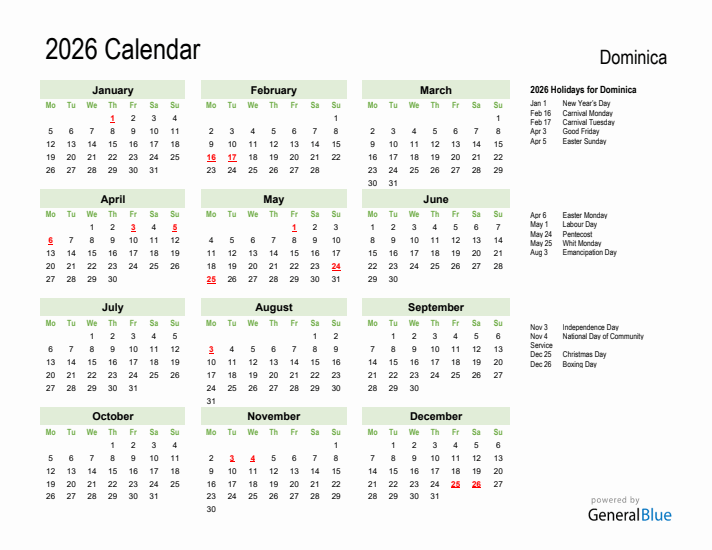 Holiday Calendar 2026 for Dominica (Monday Start)