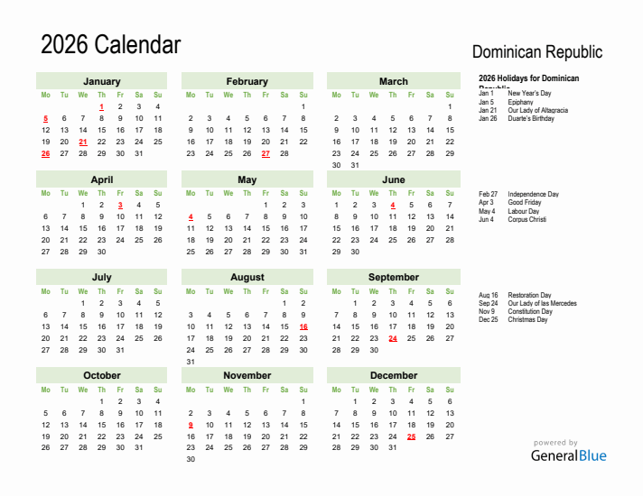 Holiday Calendar 2026 for Dominican Republic (Monday Start)