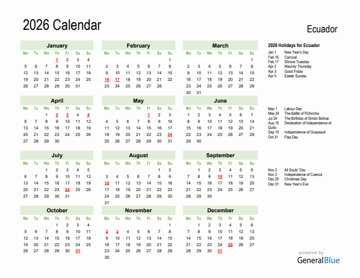 Holiday Calendar 2026 for Ecuador (Monday Start)