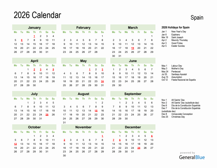 Holiday Calendar 2026 for Spain (Monday Start)