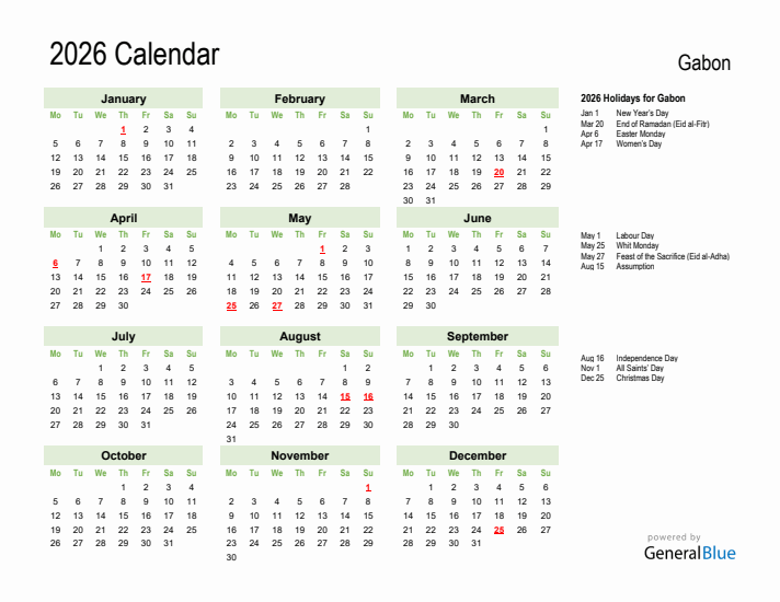 Holiday Calendar 2026 for Gabon (Monday Start)