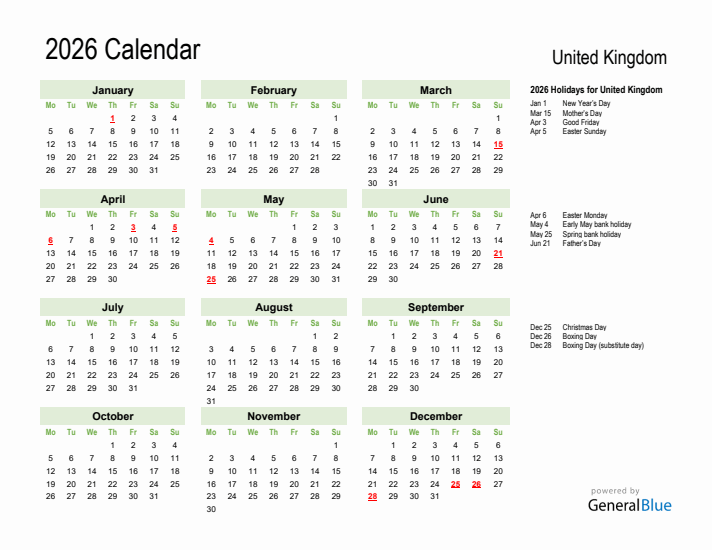 Holiday Calendar 2026 for United Kingdom (Monday Start)