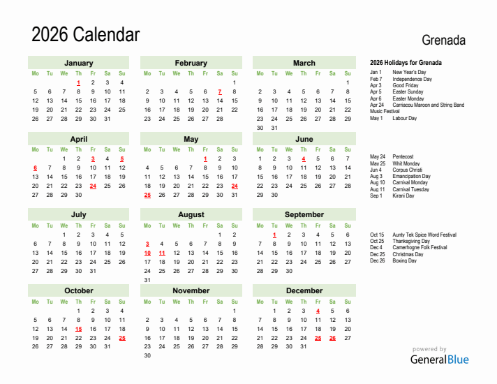 Holiday Calendar 2026 for Grenada (Monday Start)