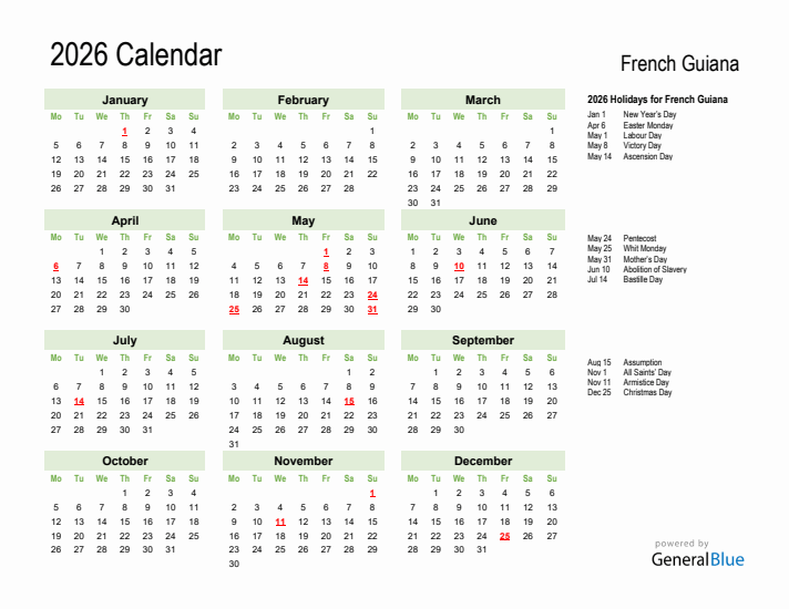 Holiday Calendar 2026 for French Guiana (Monday Start)