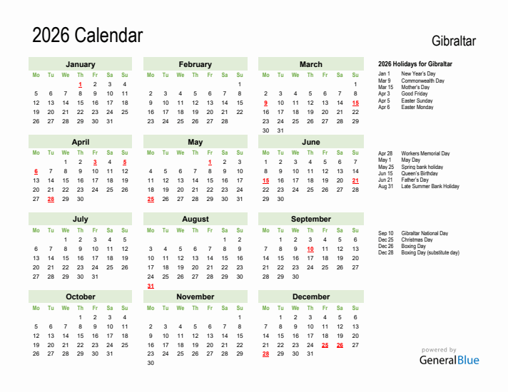Holiday Calendar 2026 for Gibraltar (Monday Start)