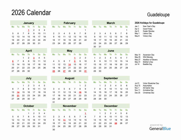 Holiday Calendar 2026 for Guadeloupe (Monday Start)
