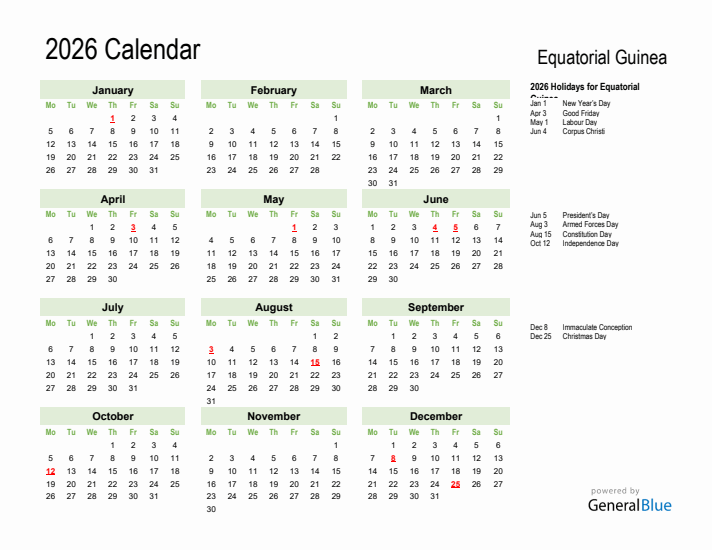 Holiday Calendar 2026 for Equatorial Guinea (Monday Start)