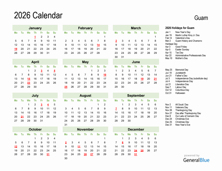 Holiday Calendar 2026 for Guam (Monday Start)