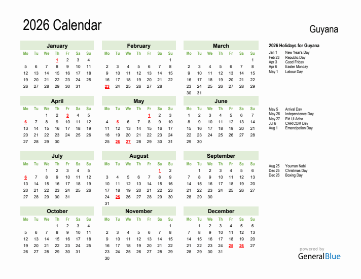 Holiday Calendar 2026 for Guyana (Monday Start)