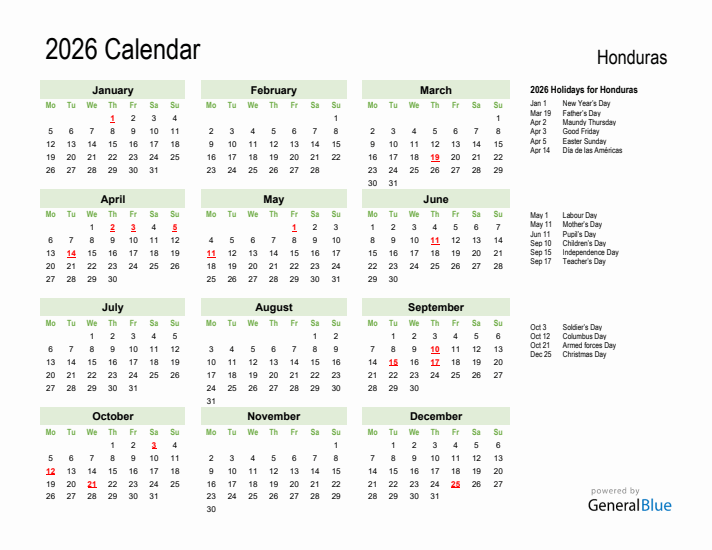 Holiday Calendar 2026 for Honduras (Monday Start)