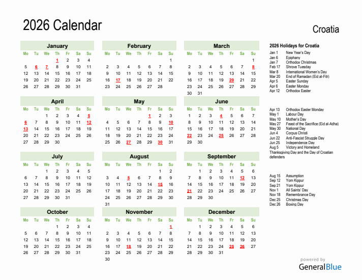 Holiday Calendar 2026 for Croatia (Monday Start)