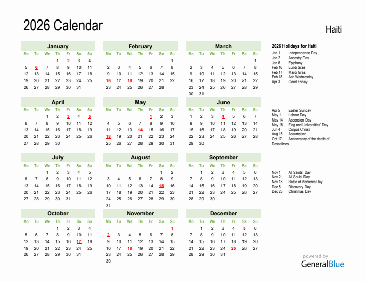 Holiday Calendar 2026 for Haiti (Monday Start)