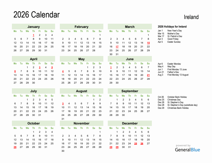 Holiday Calendar 2026 for Ireland (Monday Start)