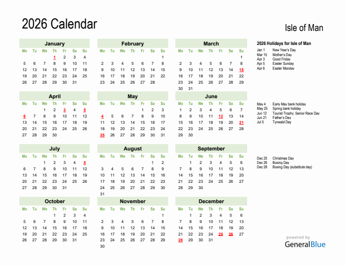 Holiday Calendar 2026 for Isle of Man (Monday Start)