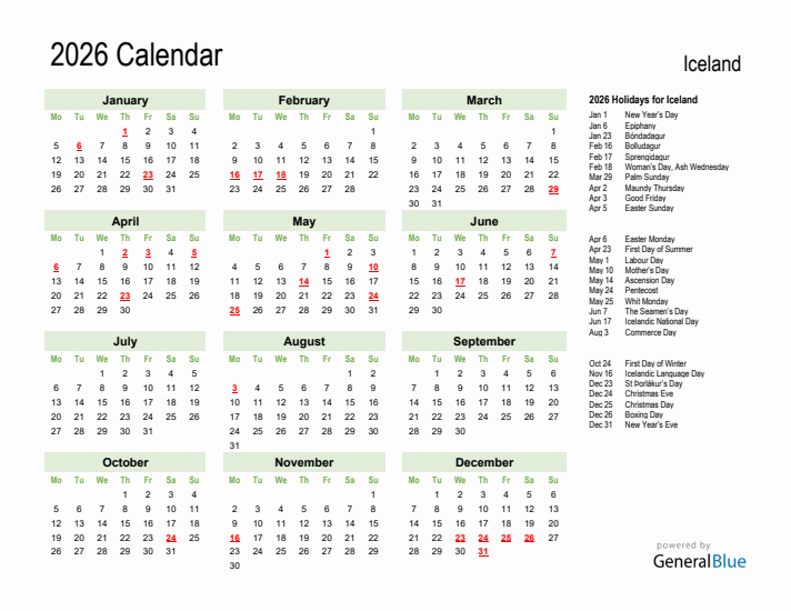 Holiday Calendar 2026 for Iceland (Monday Start)
