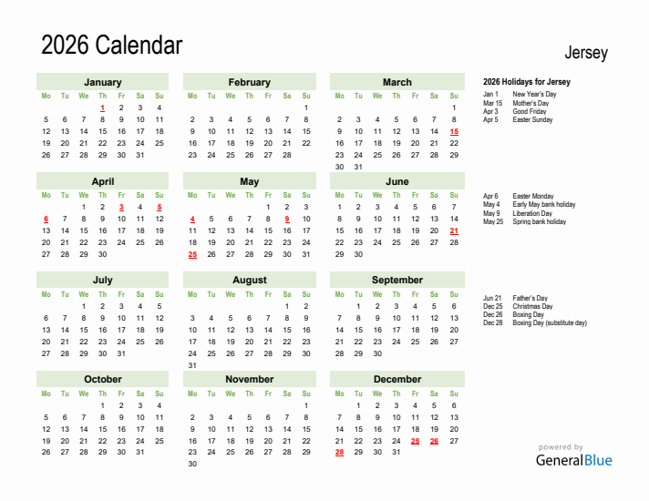 Holiday Calendar 2026 for Jersey (Monday Start)