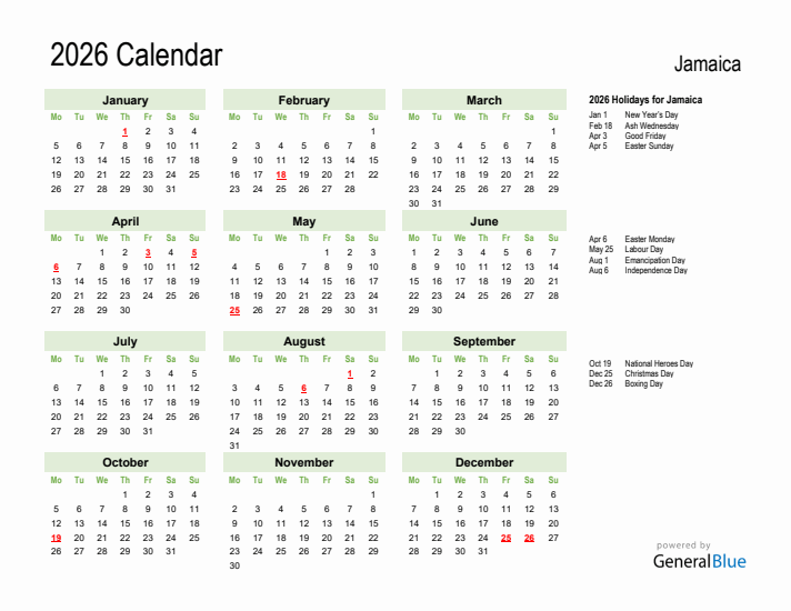 Holiday Calendar 2026 for Jamaica (Monday Start)