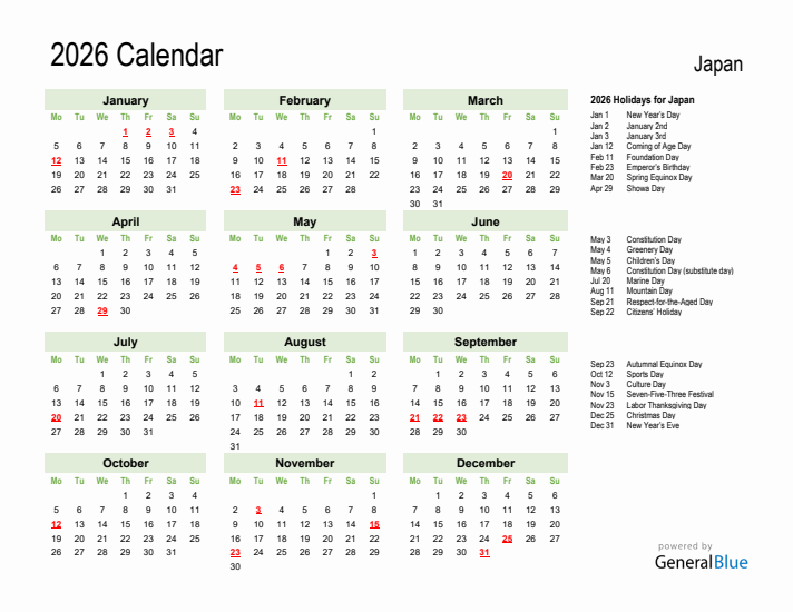 Holiday Calendar 2026 for Japan (Monday Start)