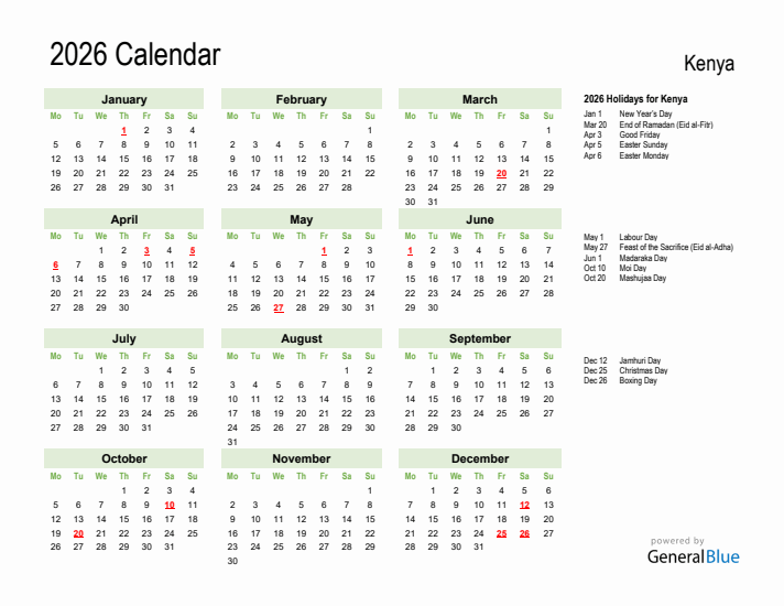 Holiday Calendar 2026 for Kenya (Monday Start)