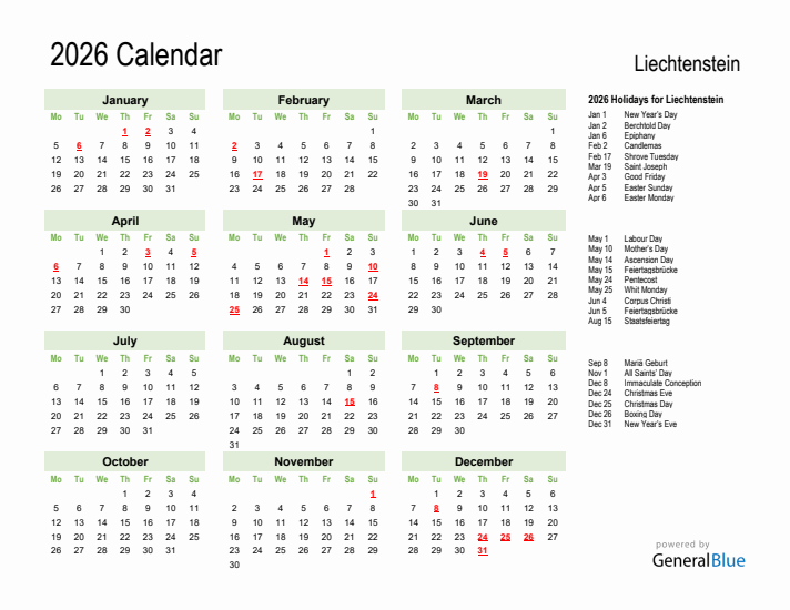 Holiday Calendar 2026 for Liechtenstein (Monday Start)