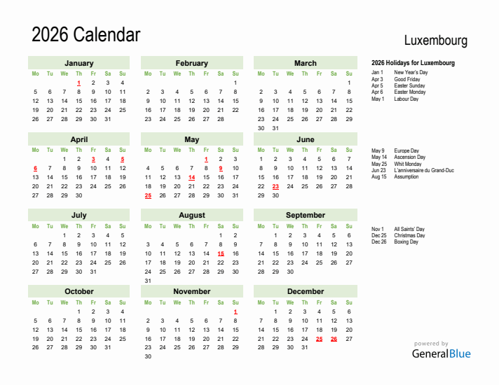 Holiday Calendar 2026 for Luxembourg (Monday Start)