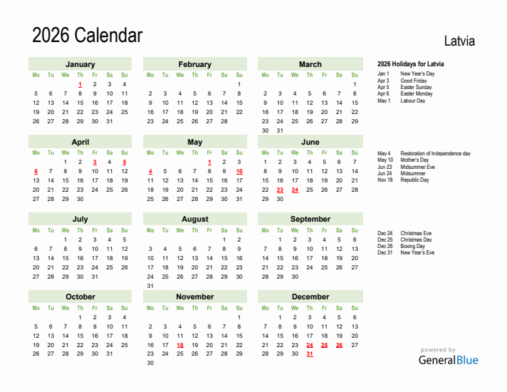 Holiday Calendar 2026 for Latvia (Monday Start)