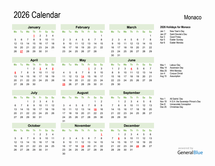 Holiday Calendar 2026 for Monaco (Monday Start)
