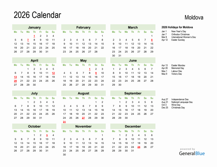 Holiday Calendar 2026 for Moldova (Monday Start)