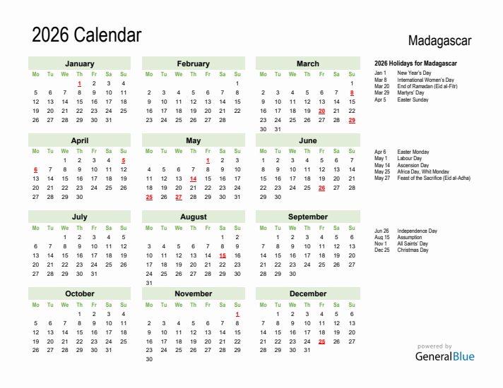 Holiday Calendar 2026 for Madagascar (Monday Start)