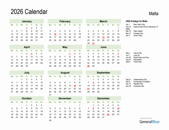 Holiday Calendar 2026 for Malta (Monday Start)