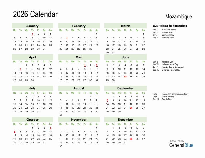Holiday Calendar 2026 for Mozambique (Monday Start)