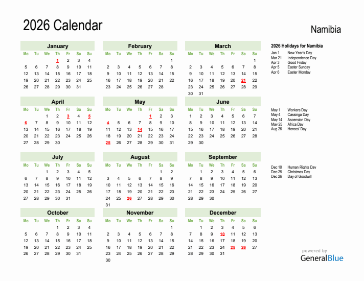 Holiday Calendar 2026 for Namibia (Monday Start)