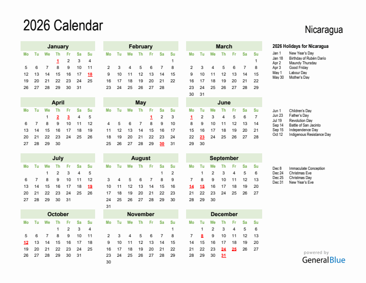 Holiday Calendar 2026 for Nicaragua (Monday Start)
