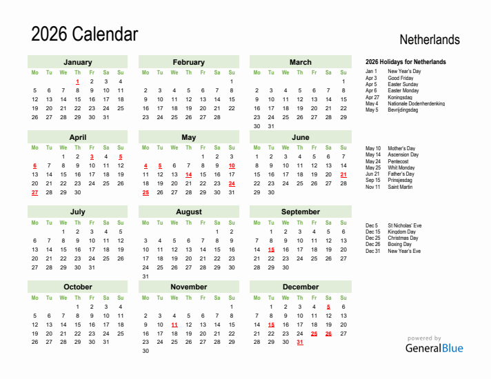 Holiday Calendar 2026 for The Netherlands (Monday Start)