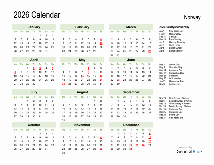 Holiday Calendar 2026 for Norway (Monday Start)