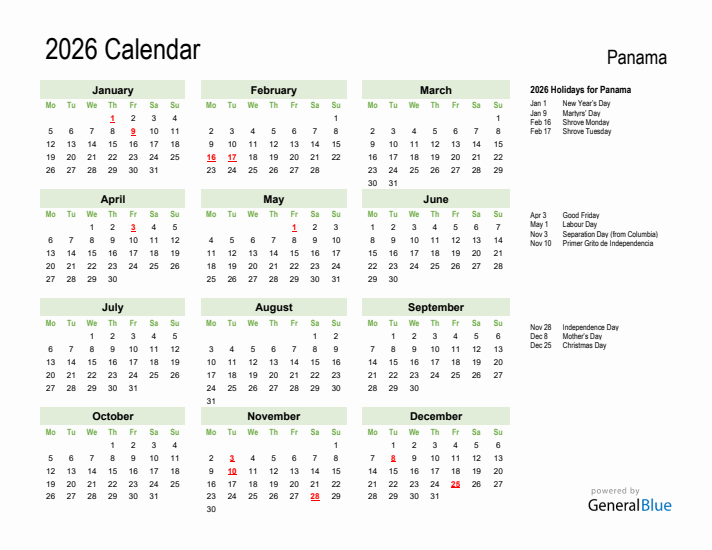 Holiday Calendar 2026 for Panama (Monday Start)