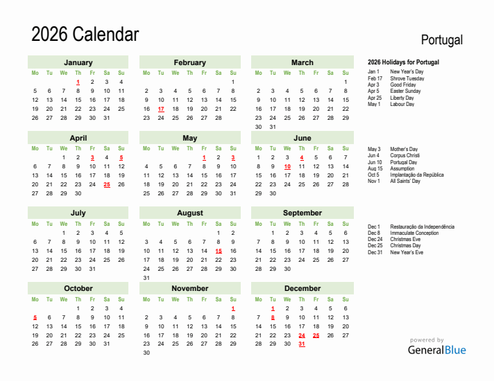 Holiday Calendar 2026 for Portugal (Monday Start)