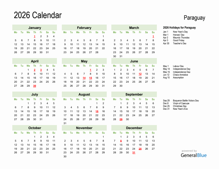 Holiday Calendar 2026 for Paraguay (Monday Start)