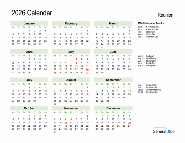 Holiday Calendar 2026 for Reunion (Monday Start)