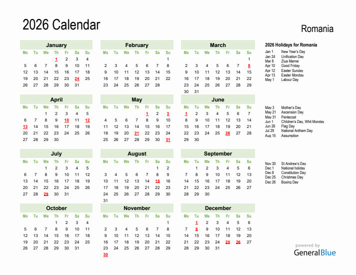 Holiday Calendar 2026 for Romania (Monday Start)