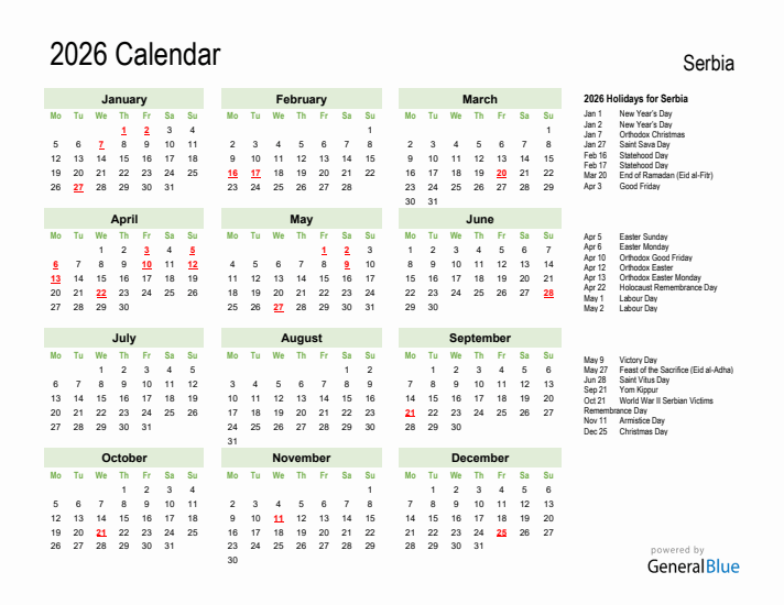 Holiday Calendar 2026 for Serbia (Monday Start)