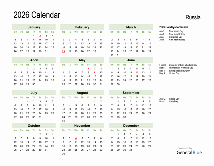 Holiday Calendar 2026 for Russia (Monday Start)