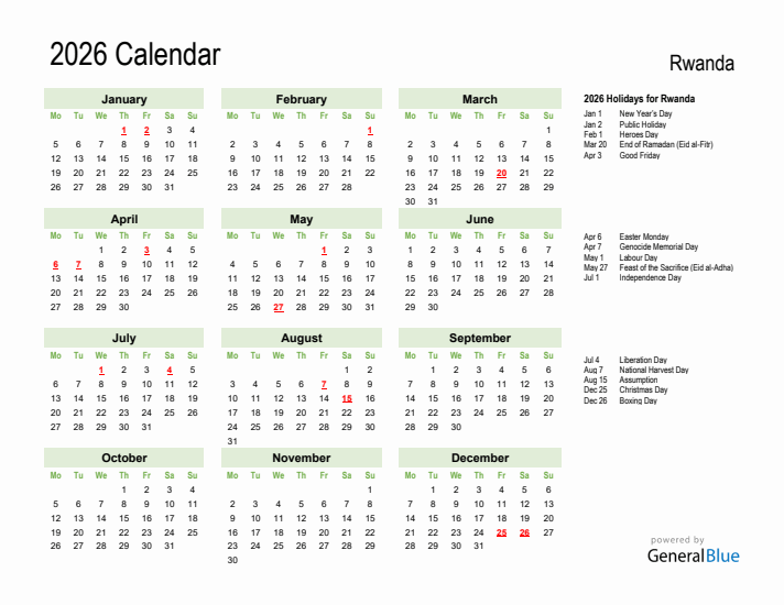 Holiday Calendar 2026 for Rwanda (Monday Start)